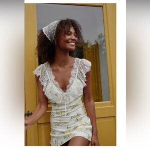 For Love & Lemons White and Yellow Floral Lace Trim Mini Dress